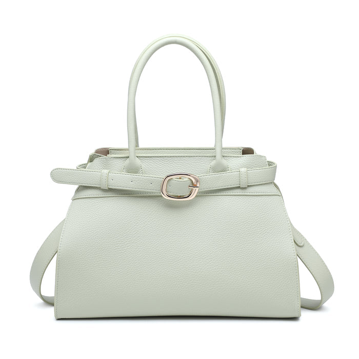 Structured faux leather top handle bag with buckle detail wholesale