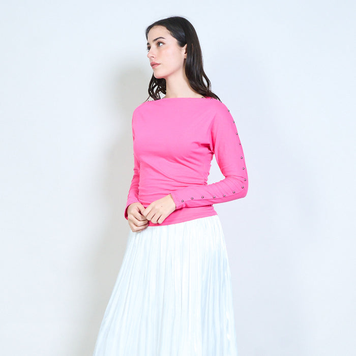Stud detail sleeve boat neck fitted top wholesale
