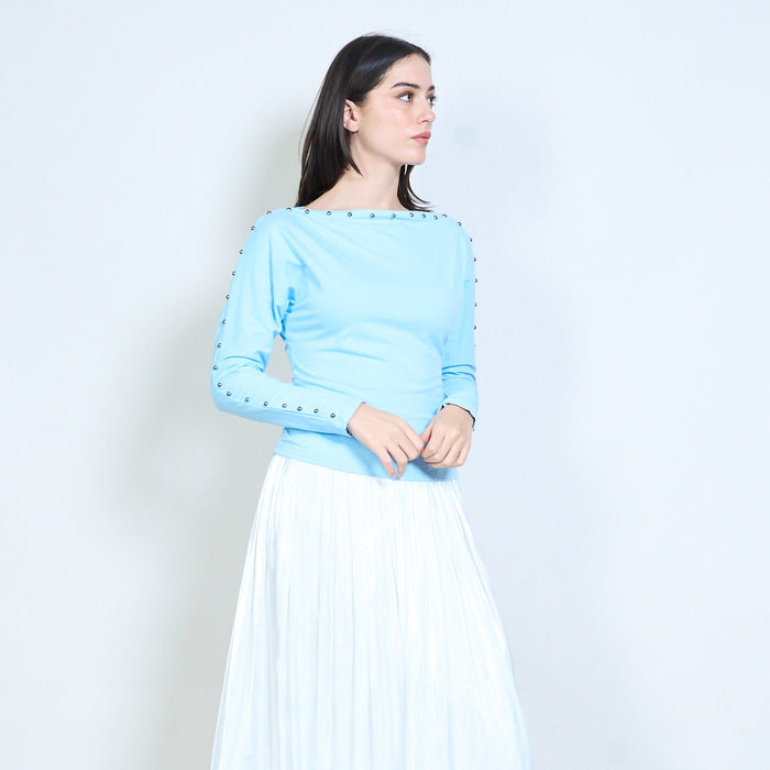 Stud detail sleeve boat neck fitted top wholesale