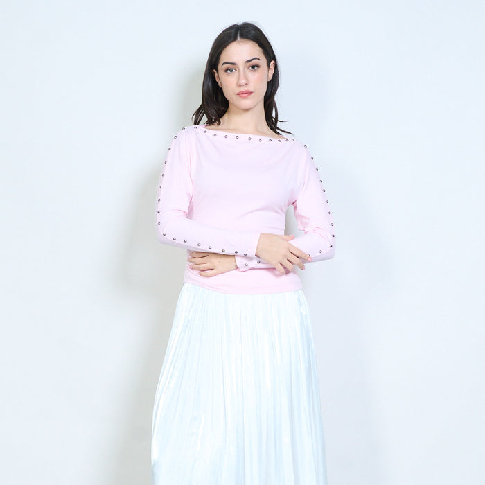 Stud detail sleeve boat neck fitted top wholesale