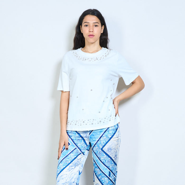Stud embellished round neck short sleeve top wholesale