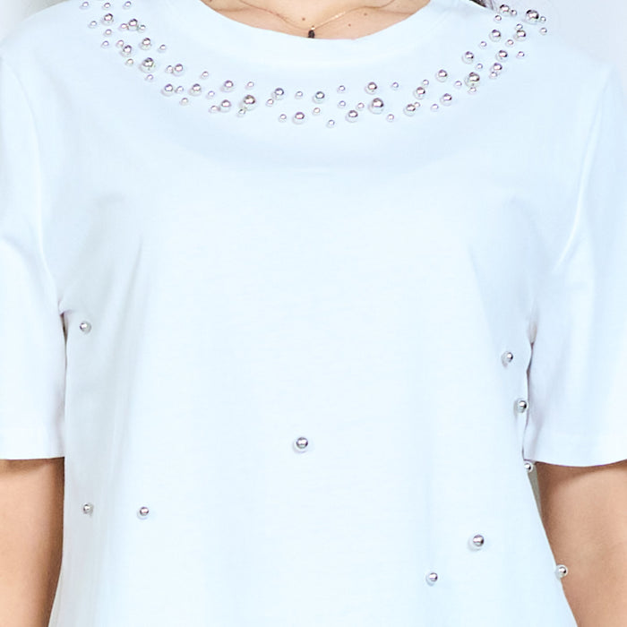 Stud embellished round neck short sleeve top wholesale