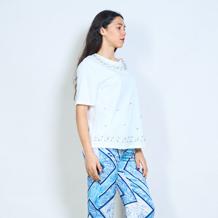 Stud embellished round neck short sleeve top wholesale