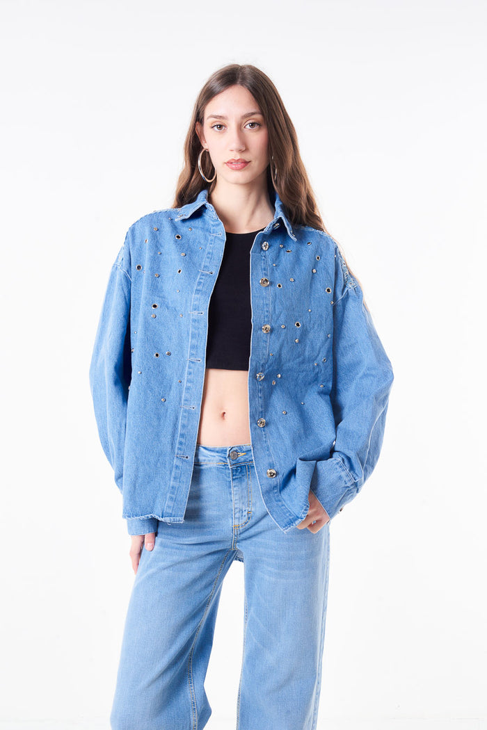 Stud embellished washed denim oversized jacket with metal stud details wholesale
