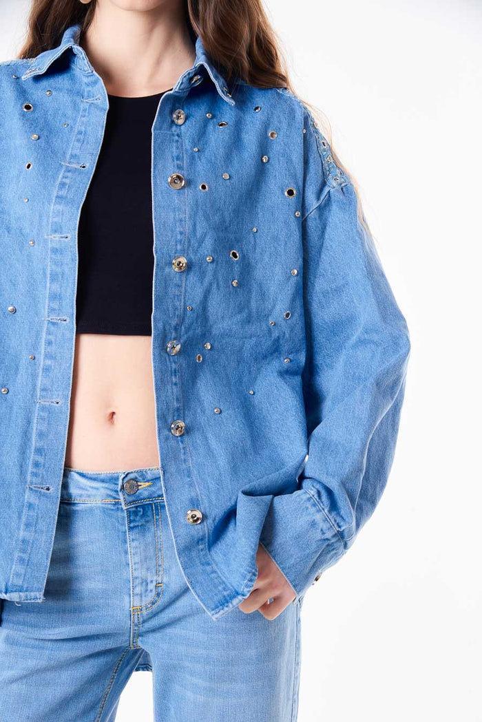 Stud embellished washed denim oversized jacket with metal stud details wholesale