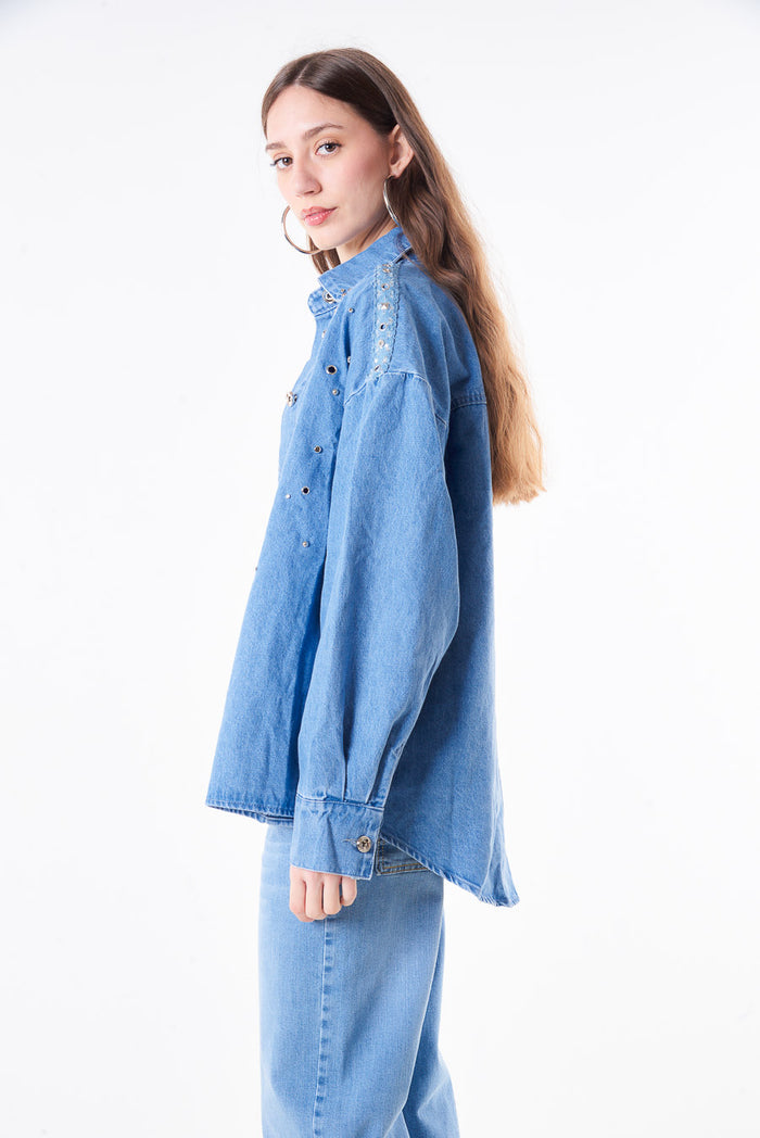 Stud embellished washed denim oversized jacket with metal stud details wholesale