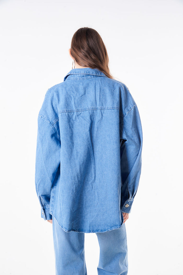 Stud embellished washed denim oversized jacket with metal stud details wholesale
