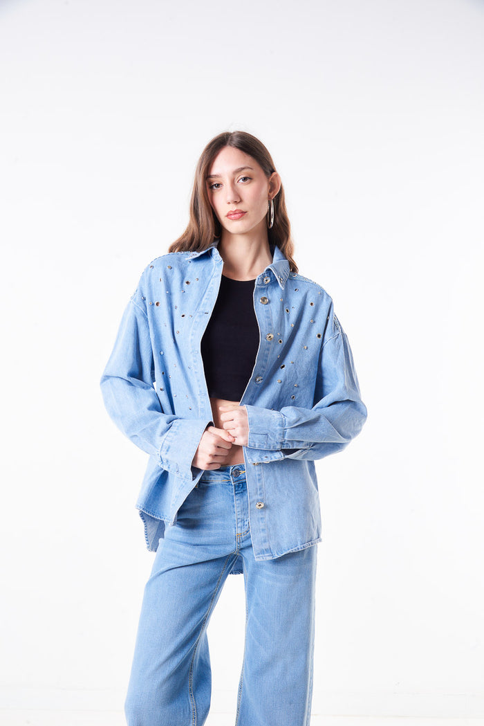 Stud embellished washed denim oversized jacket with metal stud details wholesale