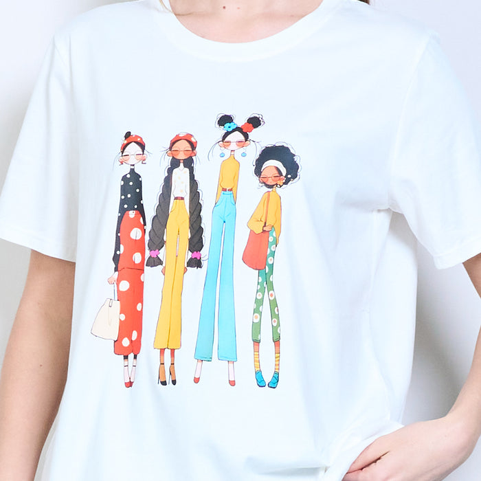 Stylized fashion girl character graphic printed short sleeve t-shirt wholesale