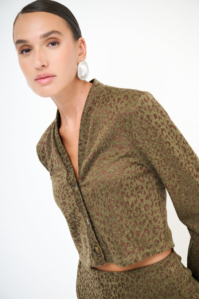 Subtle leopard print cropped button-down blazer top wholesale