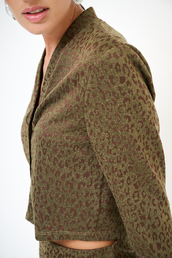 Subtle leopard print cropped button-down blazer top wholesale