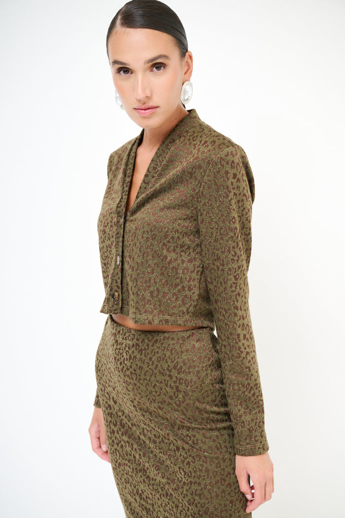 Subtle leopard print cropped button-down blazer top wholesale