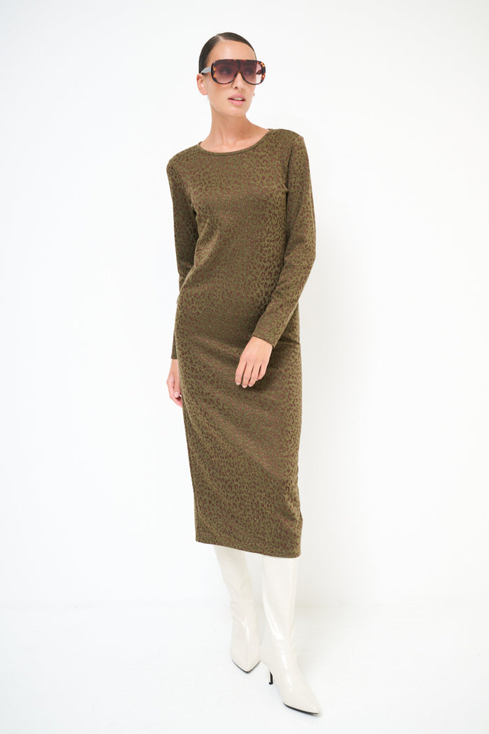 Subtle leopard print round neck fitted midi dress wholesale