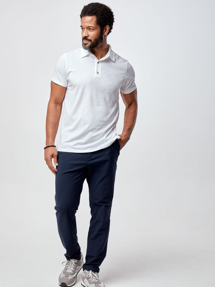 Jarrett is 6', 168lbs and wears a size M # Summer Foundation Polo 5-Pack | White | Fresh Clean Threads