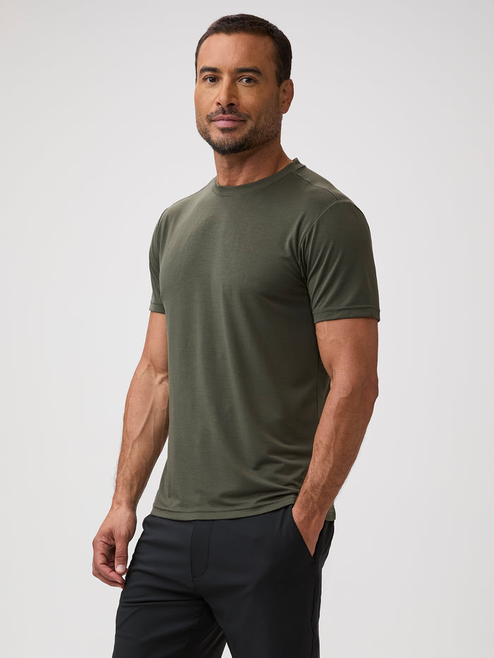 Chad is 6'1" and wears a size M # Men's Performance Army Green Crew Neck Shirts | Train hard. Dry fast.