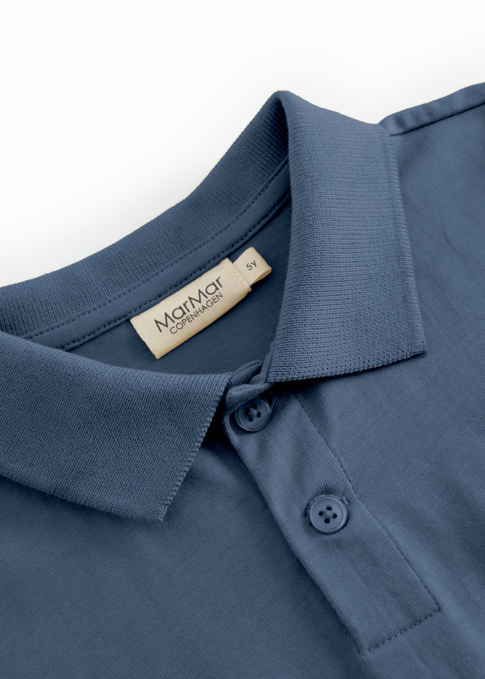 Short-sleeved blue polo t-shirt for children with collar and button-up.