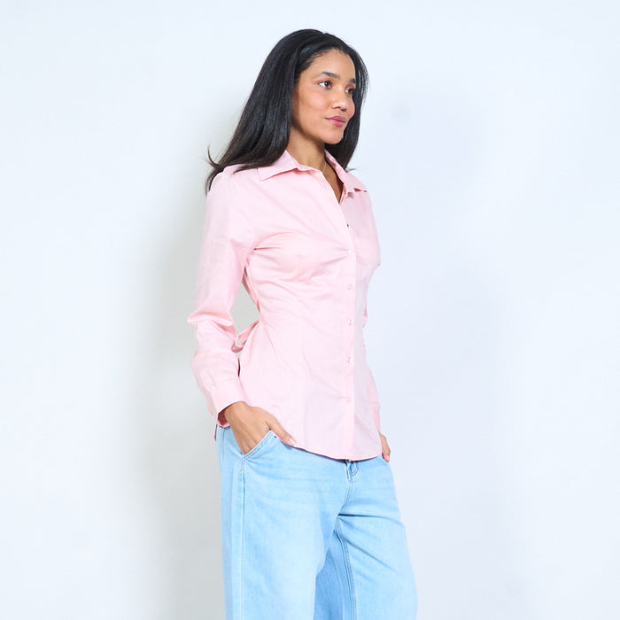 Tailored button-front shirt with open back detail and adjustable tie waist wholesale