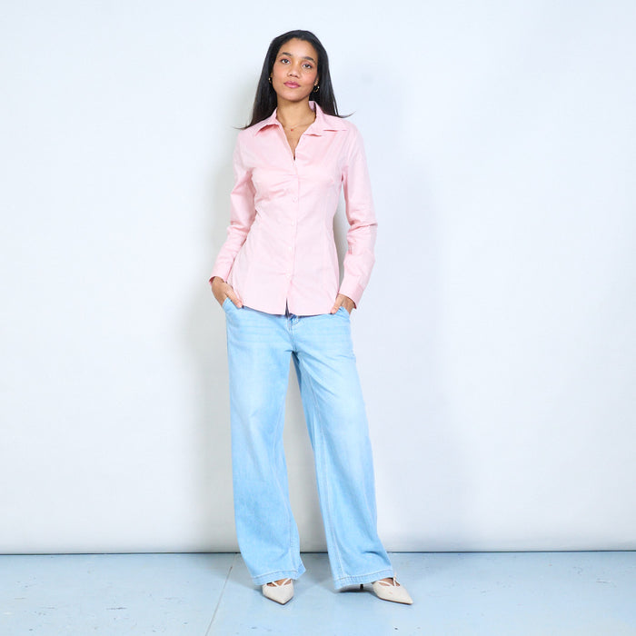 Tailored button-front shirt with open back detail and adjustable tie waist wholesale