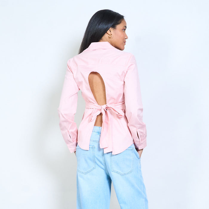 Tailored button-front shirt with open back detail and adjustable tie waist wholesale