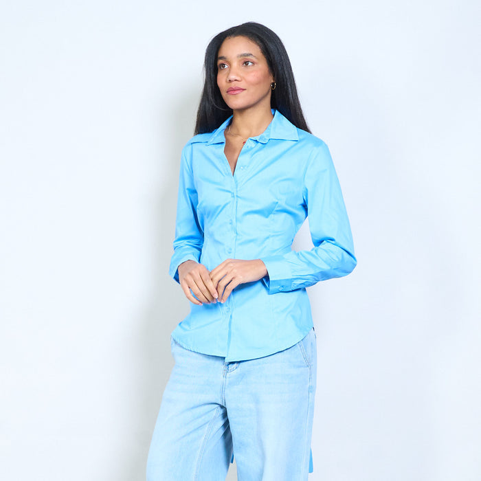 Tailored button-front shirt with open back detail and adjustable tie waist wholesale