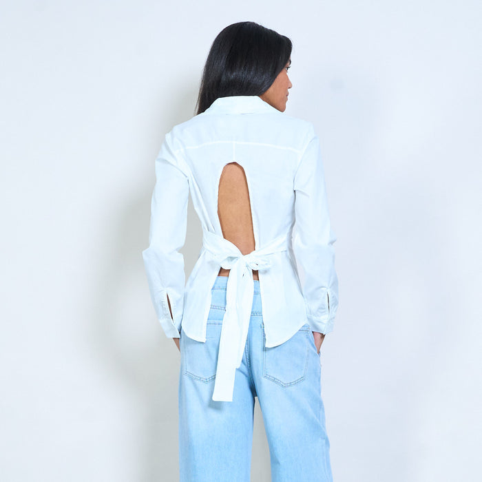 Tailored button-front shirt with open back detail and adjustable tie waist wholesale
