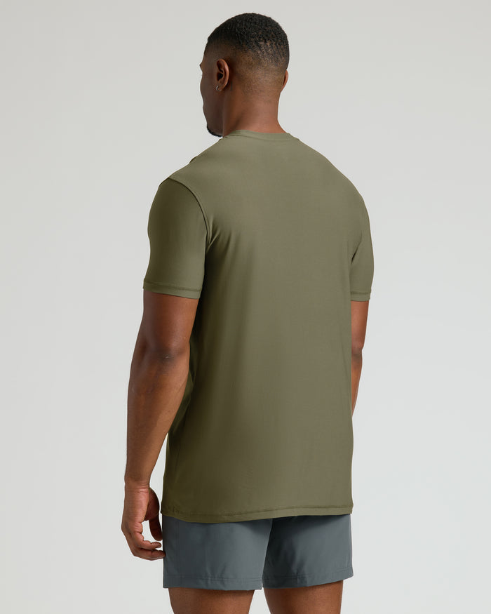 Tall Active Crew 3-Pack: Man wearing slim olive-green tee and dark shorts.