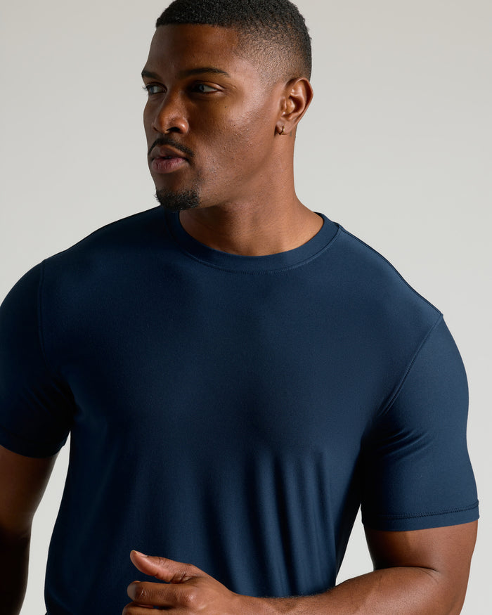 Tall Active Crew 3-Pack: Close-up of man in snug navy tee.