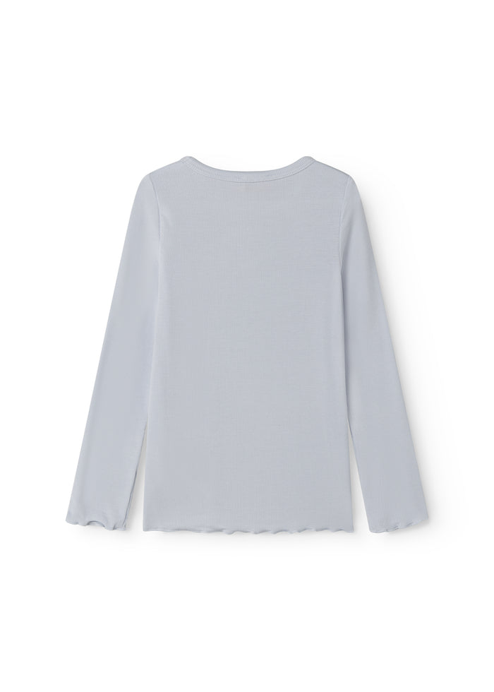 Light blue long-sleeved t-shirt for children with ruffle details.