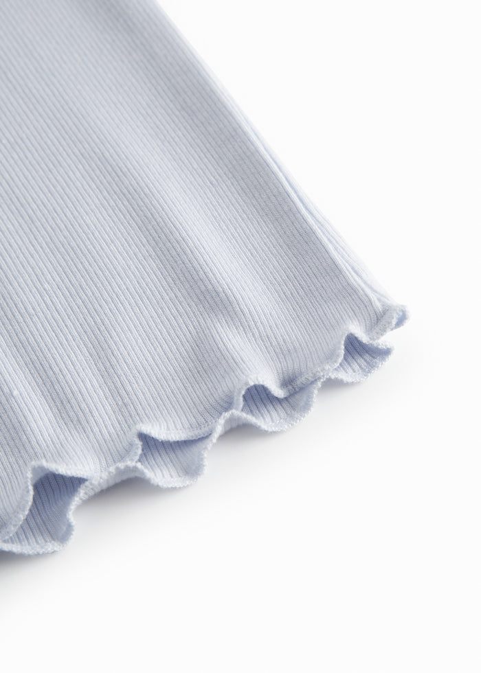 Light blue long-sleeved t-shirt for children with ruffle details.