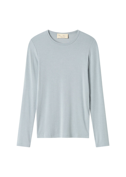 Lyseblå T-shirt med lange ærmer, rund hals og ribbet struktur