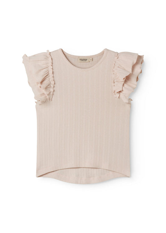 Short-sleeved bright pink polka dot t-shirt for children with cuffs on the sleeves.