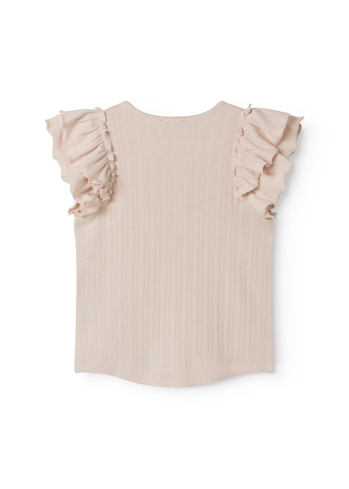 Short-sleeved bright pink polka dot t-shirt for children with cuffs on the sleeves.