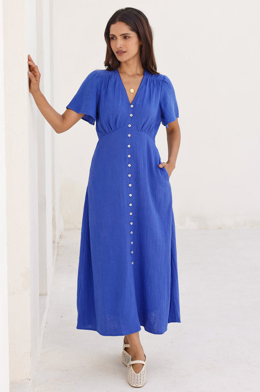 Tessa Organic Cotton Cheesecloth Dress | Cobalt - Aspiga