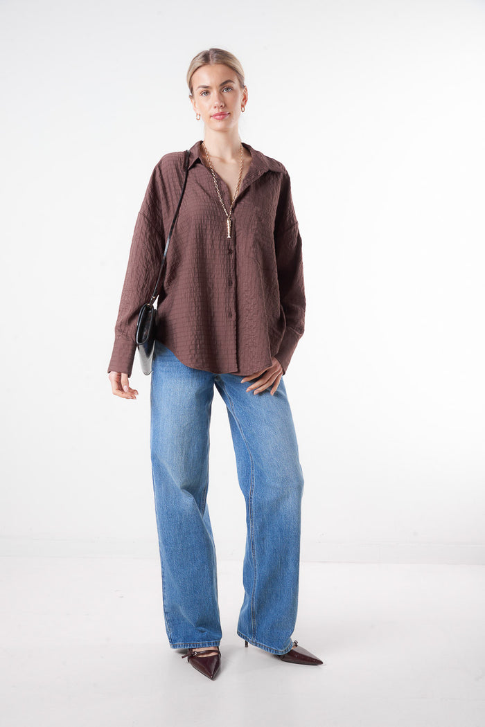 Textured cotton relaxed fit button-up shirt blouse wholesale