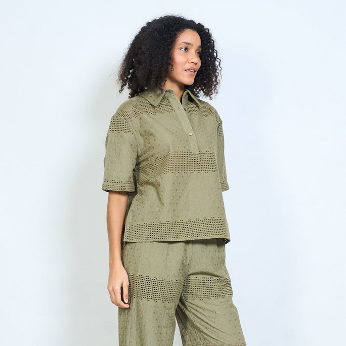 Textured crochet panel collared short sleeve blouse with button placket wholesale