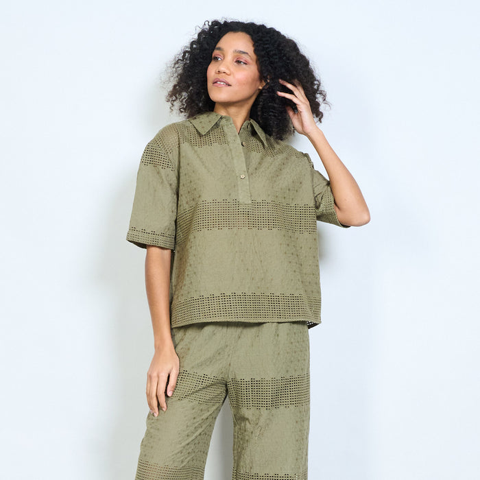Textured crochet panel collared short sleeve blouse with button placket wholesale