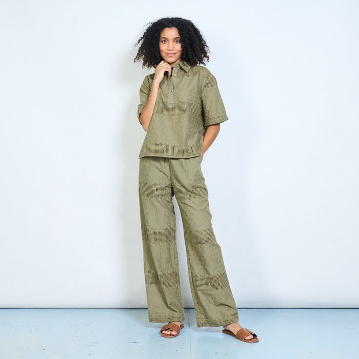 Textured crochet panel collared short sleeve blouse with button placket wholesale