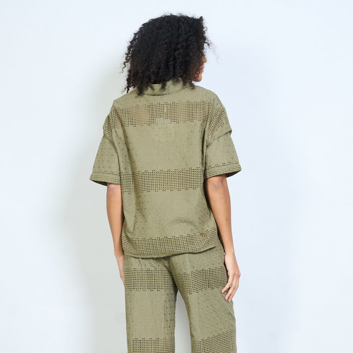 Textured crochet panel collared short sleeve blouse with button placket wholesale