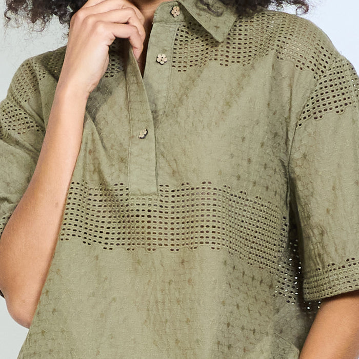 Textured crochet panel collared short sleeve blouse with button placket wholesale