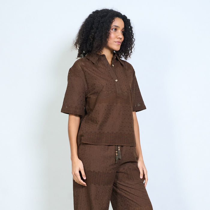 Textured crochet panel collared short sleeve blouse with button placket wholesale