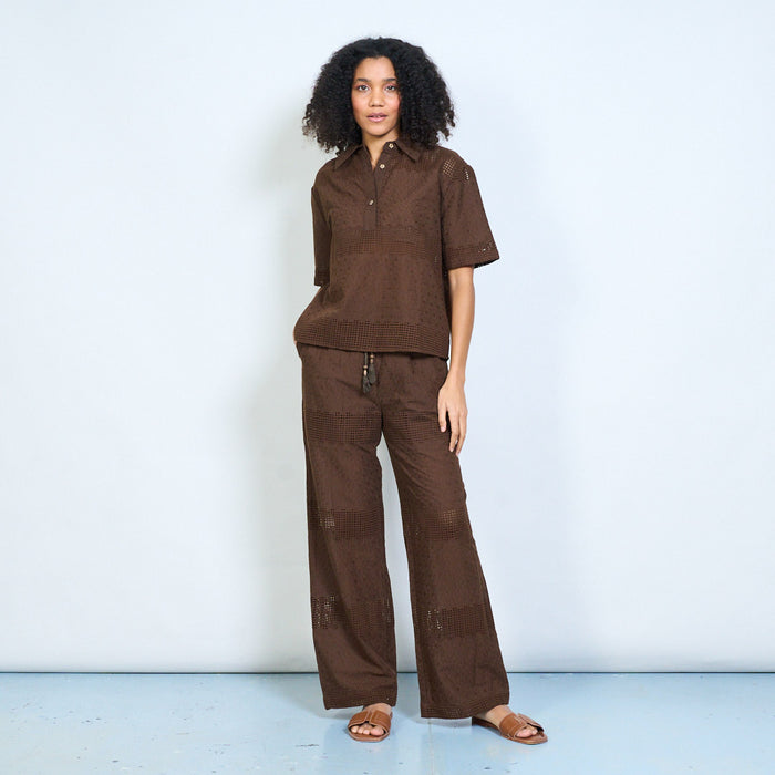 Textured crochet panel collared short sleeve blouse with button placket wholesale
