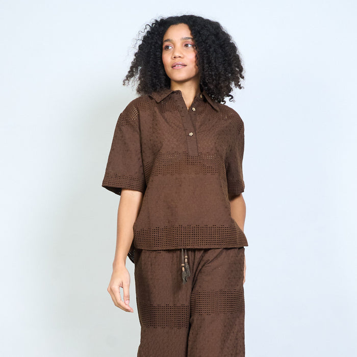 Textured crochet panel collared short sleeve blouse with button placket wholesale