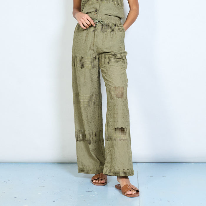 Textured crochet panel wide leg trousers with tassel drawstring elastic waistband wholesale