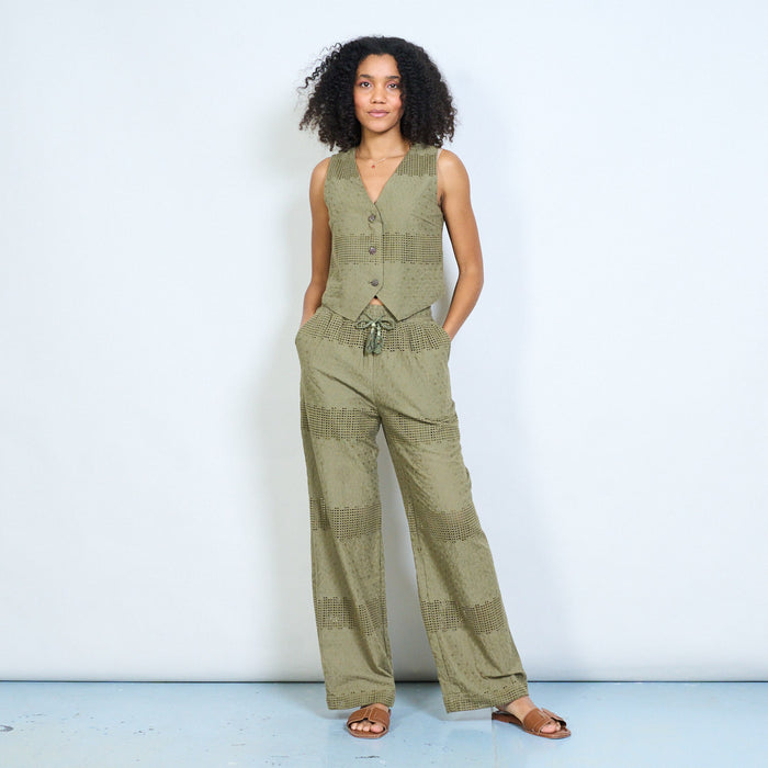 Textured crochet panel wide leg trousers with tassel drawstring elastic waistband wholesale