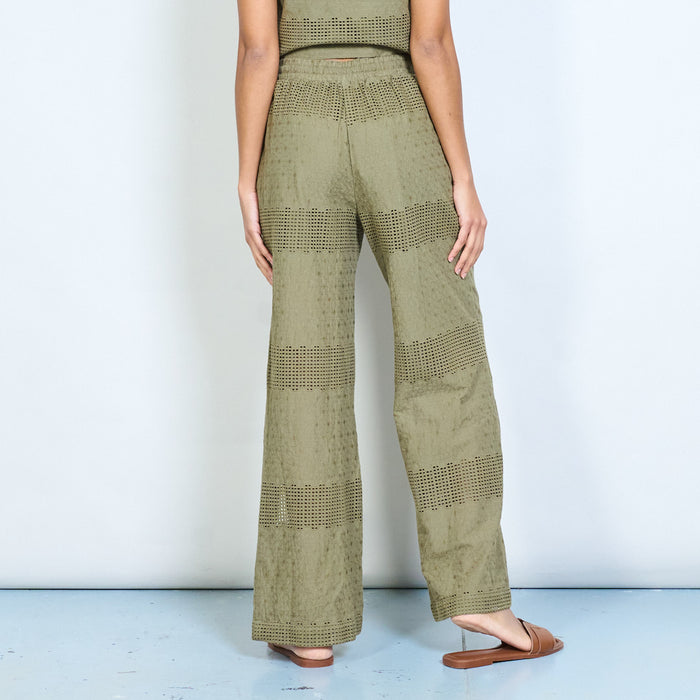 Textured crochet panel wide leg trousers with tassel drawstring elastic waistband wholesale