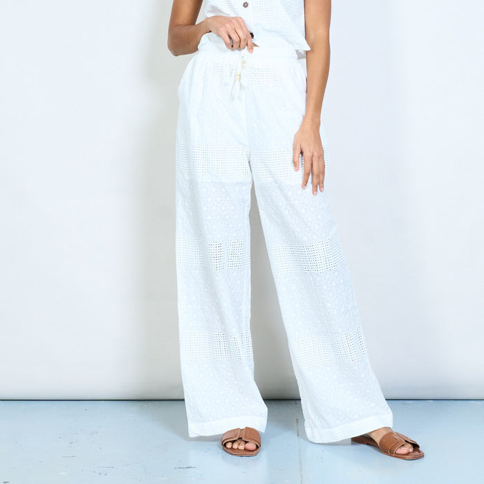 Textured crochet panel wide leg trousers with tassel drawstring elastic waistband wholesale