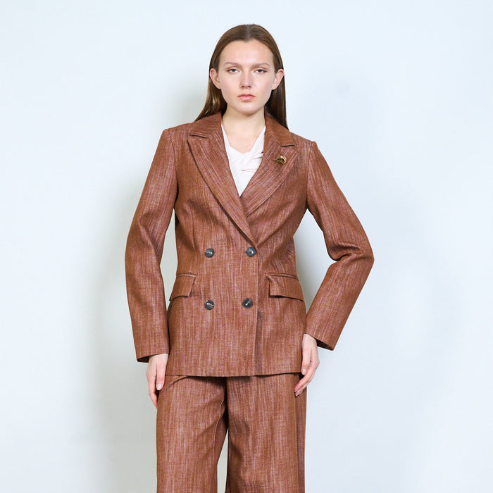 Textured double breasted tailored blazer with decorative brooch wholesale