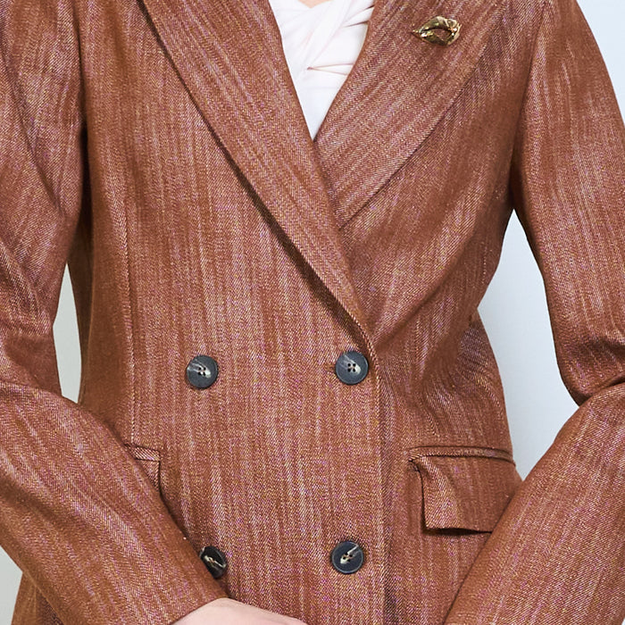 Textured double breasted tailored blazer with decorative brooch wholesale