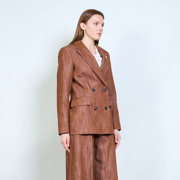 Textured double breasted tailored blazer with decorative brooch wholesale