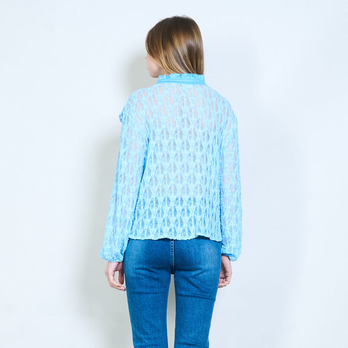 Textured floral lace ruffle trim long sleeve blouse wholesale